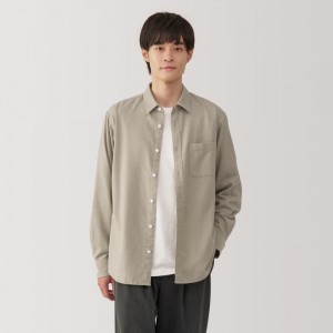 Beige Muji Flannel Long Sleeve Men Shirts | PM3Z8T34O