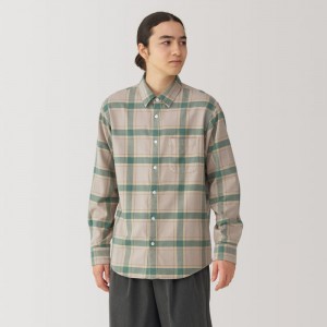 Beige Muji Flannel Long Sleeve Patterned Men Shirts | DW8T5W11O