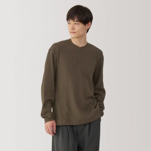 Beige Muji Waffle Henley Neck Long Sleeve Men T Shirts | XC3B0R03N
