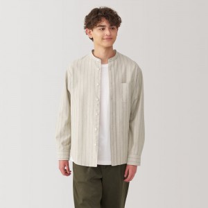 Beige Muji Washed Oxford Stand Collar Long Sleeve Striped Men Shirts | UT8S9F58J