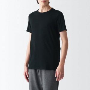 Black Muji Breathable Cotton Crew Neck Short Sleeve Men T Shirts | HR4P6P26V