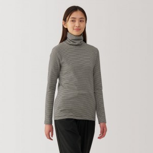 Black Muji Brushed Ribbed Turtleneck Long Sleeve Striped Women T Shirts | UE0M6U30X