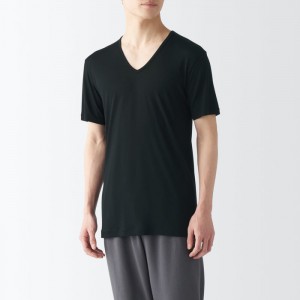 Black Muji Cool Touch Smooth V-Neck Short Sleeve Men T Shirts | MQ6K9X36M