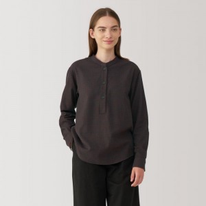 Black Muji Flannel Stand Collar Long Sleeve Patterned Women Blouse | VF0W5U30C
