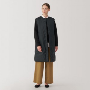 Black Muji Lightweight Down Collarless Long Women Vest | IH4U7E07Q