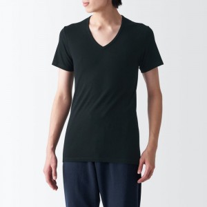 Black Muji Side Seamless Ribbed V Neck Short Sleeve Men T Shirts | XA8F1J99P