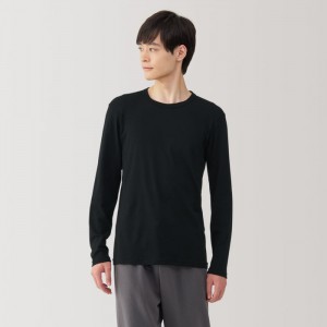 Black Muji Warm Cotton Crew Neck Long Sleeve Men T Shirts | AO9S7E98Q