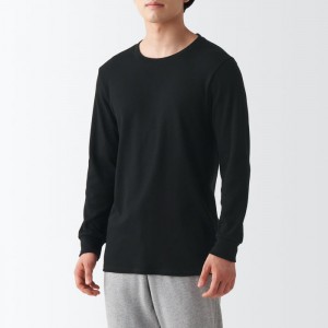 Black Muji Warm Crew Neck Long Sleeve Men T Shirts | RX3X0L11Z