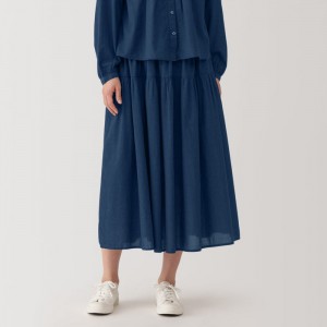 Blue Muji Cotton Voile Indigo Gather Women Skirts | XP0J5R31E