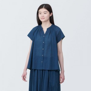 Blue Muji High-Twist Veil French Sleeve Women Blouse | AS4X0F82J