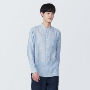 Blue Muji Linen Stand Collar Long Sleeve Patterned Men Shirts | HB9S5I76P