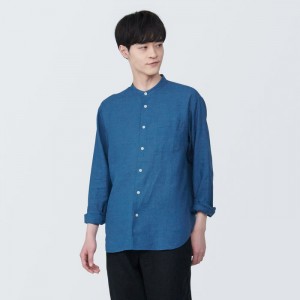 Blue Muji Linen Stand Collar Long Sleeve Men Shirts | NC6W4N69W