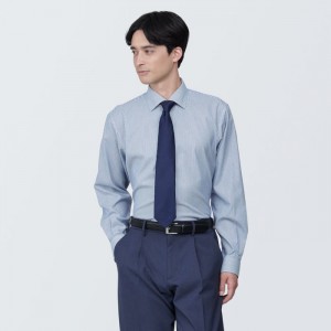 Blue Muji Non-Iron Semi Wide Collar Striped Men Shirts | CG0H8A41N
