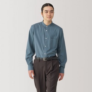 Blue Muji Non-Iron Stand Collar Men Shirts | AL7W0U66S