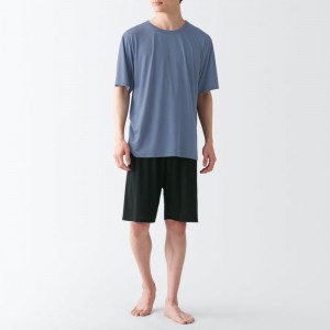 Blue Muji Polyester Rayon Short Sleeve Loungewear Men Pajamas | UX9G4M82H