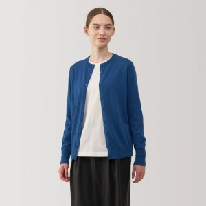 Blue Muji Washable High Gauge Wool Crew Neck Women Cardigan | IS4U5P06A