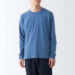 Blue Muji Washed Jersey Long Sleeve Men T Shirts | IA2S9V61Z