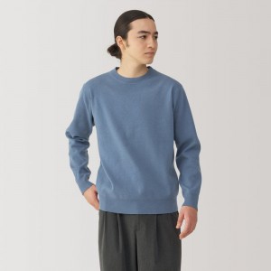 Blue Muji Washed Milano Ribbed Crew Neck Men Sweaters | QW5Q2G73D