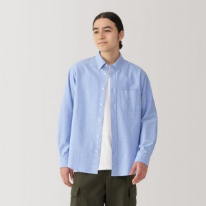 Blue Muji Washed Oxford Button Down Long Sleeve Men Shirts | TK8B9L58D
