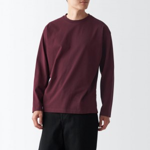 Burgundy Muji Brushed Jersey Crew Neck Long Sleeve Men T Shirts | NJ5X0Q83O