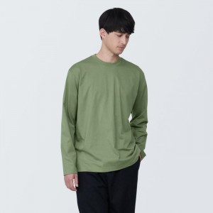 Green Muji Jersey Crew Neck Long Sleeve Men T Shirts | BH2P3F79C