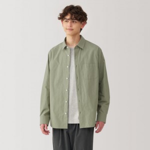 Green Muji Washed Broadcloth Long Sleeve Men Shirts | AQ8G1K49Y