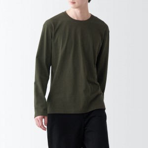 Green Muji Washed Jersey Crew Neck Long Sleeve Men T Shirts | NF4A7A71X