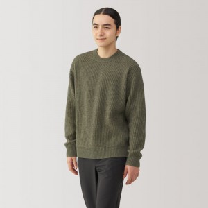 Green Muji Yak Wool Ribbed Crew Neck Men Sweaters | OQ1T7Q85L
