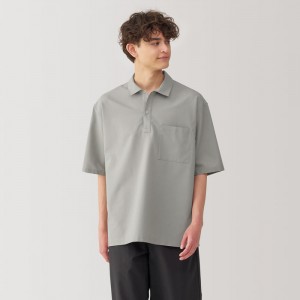 Grey Muji Breathable Wide Half Sleeve Woven Men Polo Shirts | GS4J7S16N