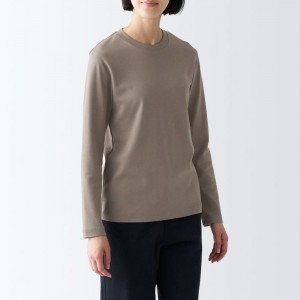 Grey Muji Interlock Knit Crew Neck Long Sleeve Women T Shirts | TT6U5F93A