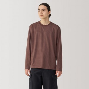Grey Muji Jersey Crew Neck Long Sleeve Striped Men T Shirts | EW9K6E87F