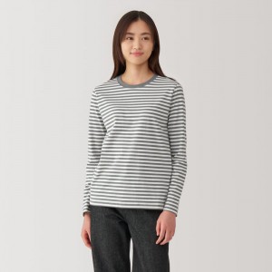 Grey Muji Jersey Crew Neck Long Sleeve Striped Women T Shirts | HA0L3W97Z