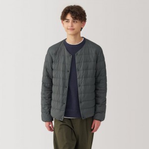 Grey Muji Lightweight Down Collarless Men Jackets | JC8U4H58Q