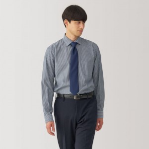 Grey Muji Non-Iron Semi Wide Collar Striped Men Shirts | KW7D7X86E