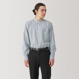 Grey Muji Non-Iron Stand Collar Striped Men Shirts | HP1Q4Y24T