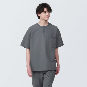 Grey Muji Seersucker Henley Neck Woven Short Sleeve Men T Shirts | EW7K3W58L