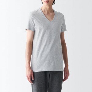 Grey Muji Side Seamless Jersey V-Neck Short Sleeve Men T Shirts | JW9W5B45Y