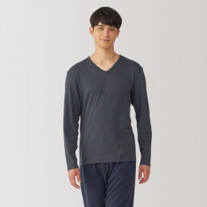 Grey Muji Warm Cotton V-Neck Long Sleeve Men T Shirts | KB6E0D61C