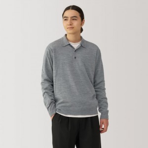 Grey Muji Washable High-Gauge Men Polo Shirts | SV6Z5N26A