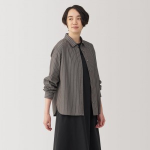Grey Muji Washed Broad Regular Collar Long Sleeve Striped Women Shirts | WX7X7U65I