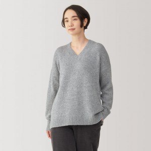 Grey Muji Yak Wool Blend V-Neck Women Sweaters | EL8G9I34S