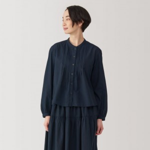 Navy Muji Cotton Voile Long Sleeve Women Blouse | AX4R6T56B