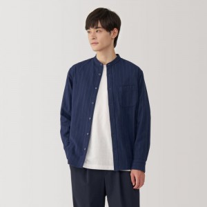 Navy Muji Flannel Stand Collar Long Sleeve Patterned Men Shirts | LB6T0K75Y