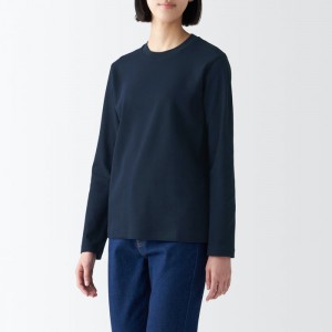 Navy Muji Interlock Crew Neck Long Sleeve Women T Shirts | CR2B9X44H