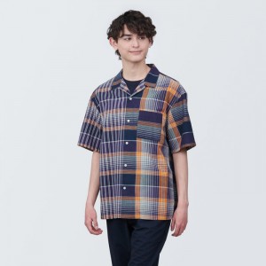 Navy Muji Madras Check Open Collar Short Sleeve Men Shirts | OF7D9I20Y
