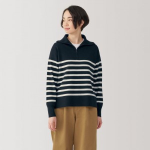 Navy Muji Washable Milano Ribbed Half Zip Striped Women Sweaters | GF0J6C09F