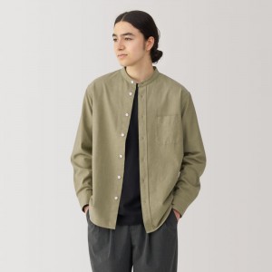 Olive Muji Washed Oxford Stand Collar Long Sleeve Men Shirts | OD4M1B28Z