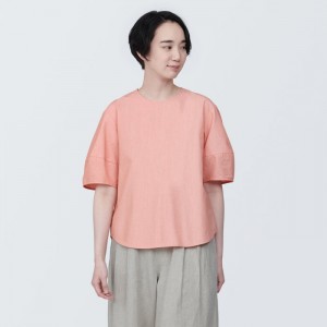 Pink Muji Cool Touch Broadcloth Short Sleeve Striped Women Blouse | OO6K0C28C