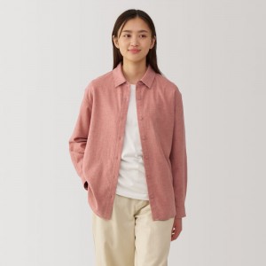 Pink Muji Flannel Regular Collar Long Sleeve Women Shirts | CF7W8G86T