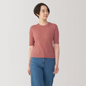 Pink Muji Soy Fiber Blend Ribbed Crew Neck Half Sleeve Women T Shirts | PW4Y1L27Z